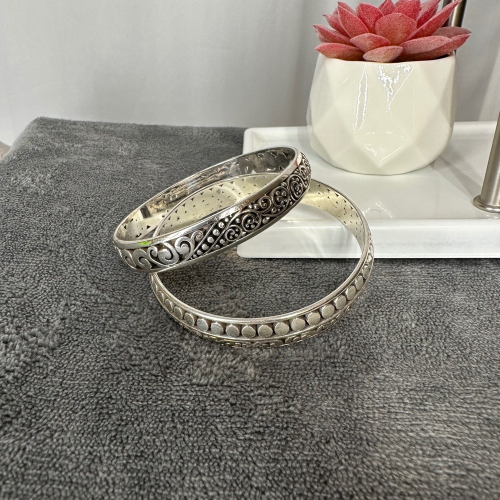 Brighton Silver Tone Bangle Bracelet Set Scroll Dot Etched Design 2 Piece
